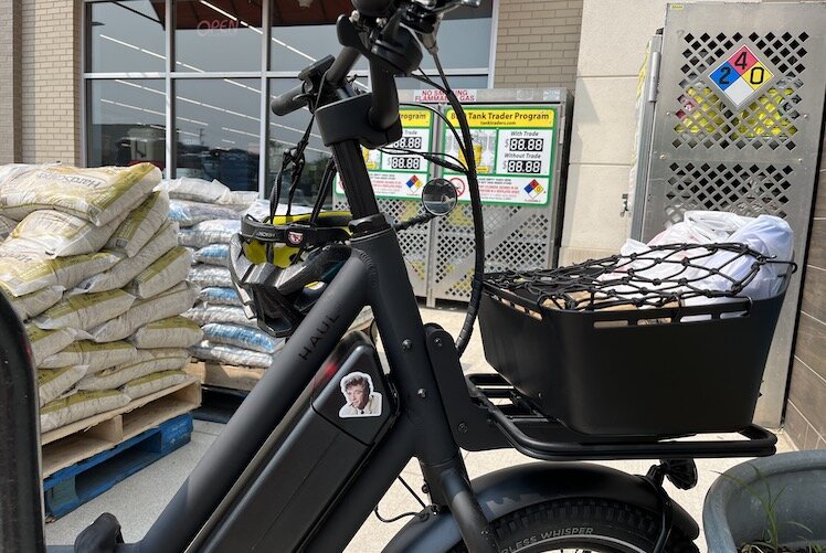 New e-bike belonging to Second Wave's Mark Wedel, on its' first grocery shopping trip. ("Columbo" sticker because he feels like the bumbling detective whenever doing interviews, often asking "just one more thing" after the interviews should be conclu