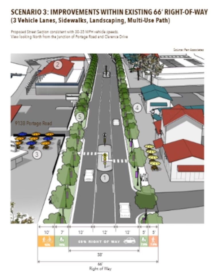 One option for changes to Portage Road, near Clarence Drive, included in the 2021 Lake Center District Corridor & Placemaking Study. This option depicts sidewalks with a landscaped buffer, pedestrian islands and fewer vehicle lanes.