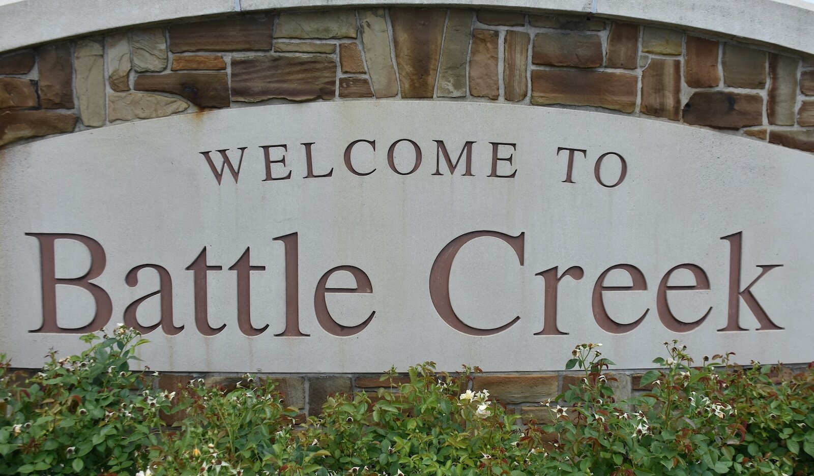 A sign welcoming people to Battle Creek is located just off M-66 at the entrance to downtown.