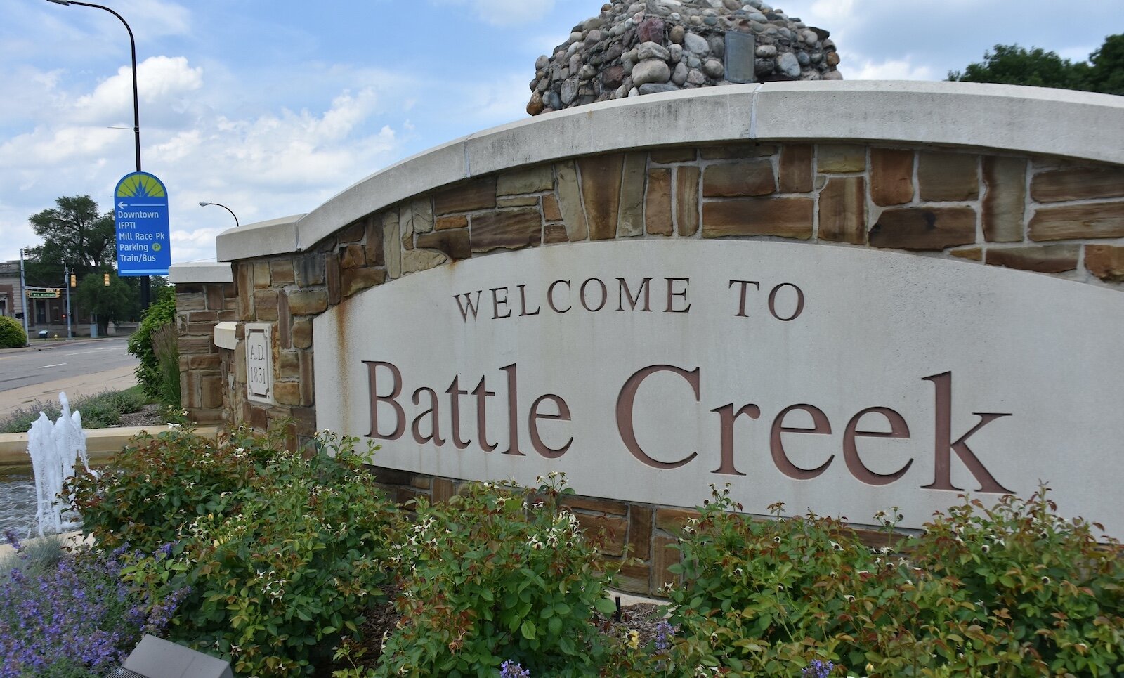 A sign welcoming people to Battle Creek is located just off M-66 at the entrance to downtown.