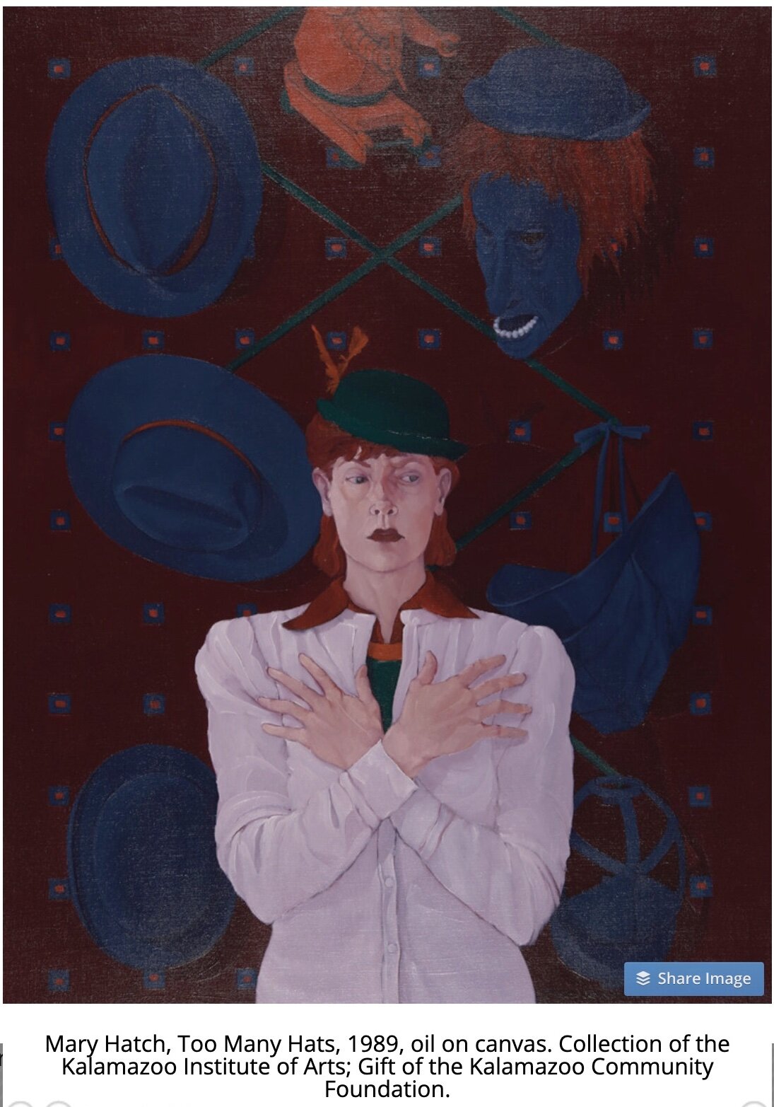 Kalamazoo Institute of Arts galleries will be open during the JumpstART weekend where people can see works like Mary Hatch's painting "Too Many Hats.".