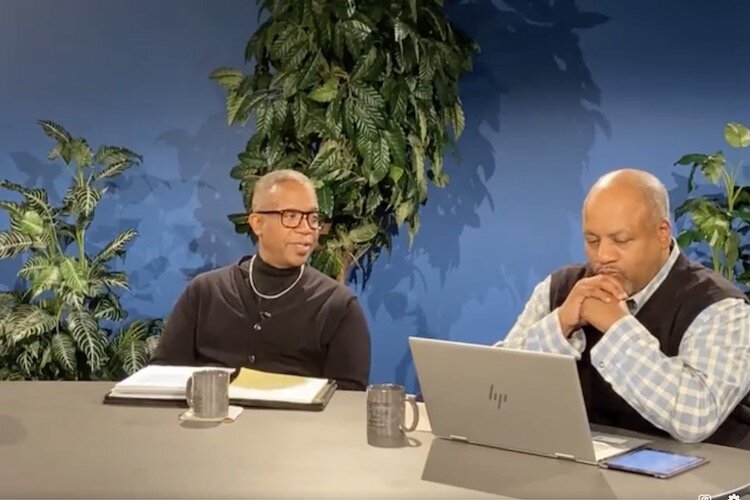 Pastor Christopher McCoy and Bishop Tino Smith at "The Kitchen Table," a Facebook live show that appears online weekly, featuring different topics and community leaders.