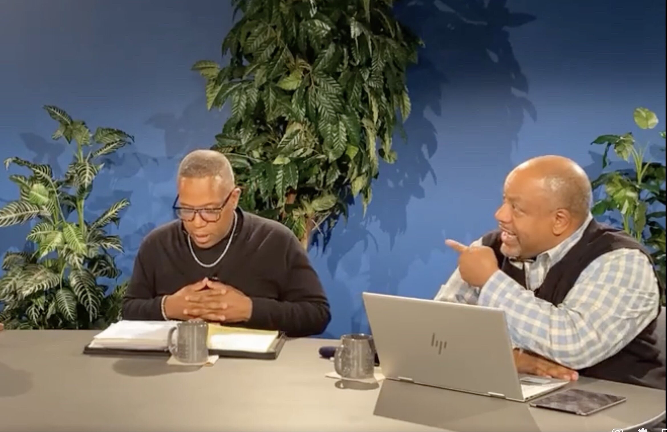 Pastor Christopher McCoy and Bishop Tino Smith at "The Kitchen Table," a Facebook live show that appears online weekly, featuring different topics and community leaders.