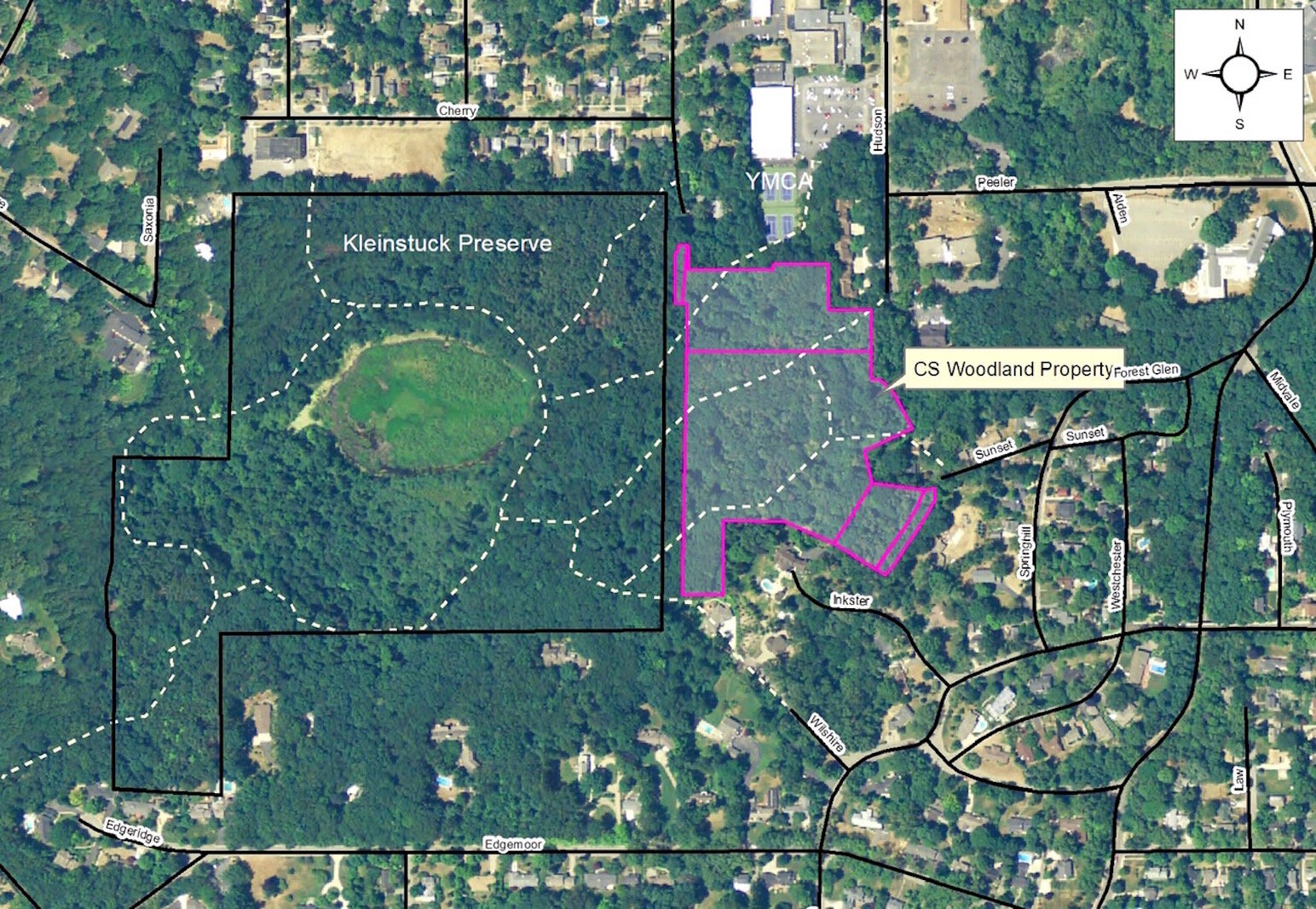 Stewards of Kleinstuck are raising money to buy the 11.8 acres of undeveloped land just east of Kleinstuck Preserve. Bordered in pink, the land leads away from the 2000 block of Hudson Avenue in the northern part of the Westnedge Hill Neighborhood. 