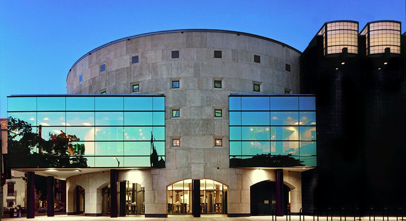 The beauty of the surrounding downtown is reflected in the windows of Kalamazoo Public Library. 