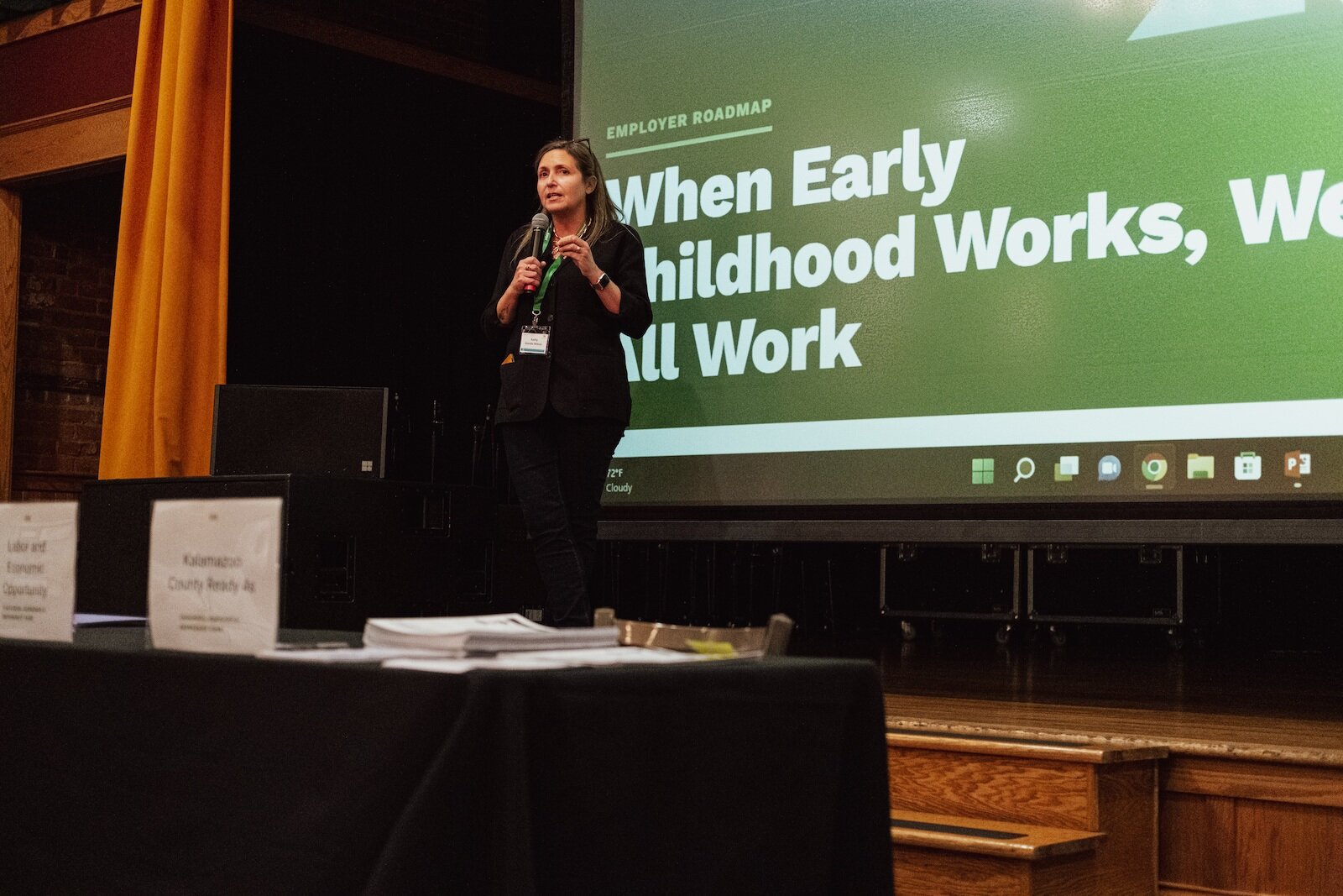 Kathy Szenda-Wilson, Co-Director of Pulse at the W.E. Upjohn Institute for Employment Research delivers a presentation at a recent summit to discuss business options for employers whose employees need childcare alternatives.