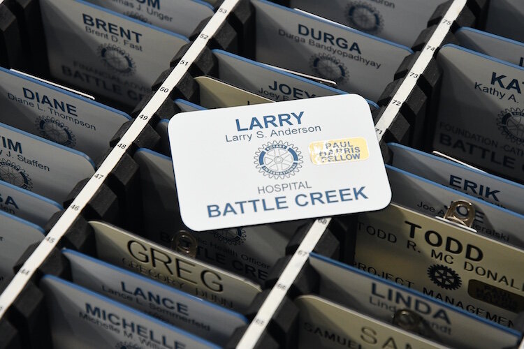 Larry Anderson's name tag at the 100th anniversary of Rotary at the Battle Creek Country Club in 2015