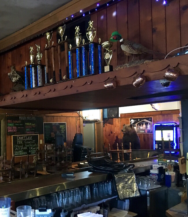 Among the trophies inside Louie’s Trophy House are the stuffed brown bear at the rear of the main bar area as well as sports trophies from various sports teams supported by the business.
