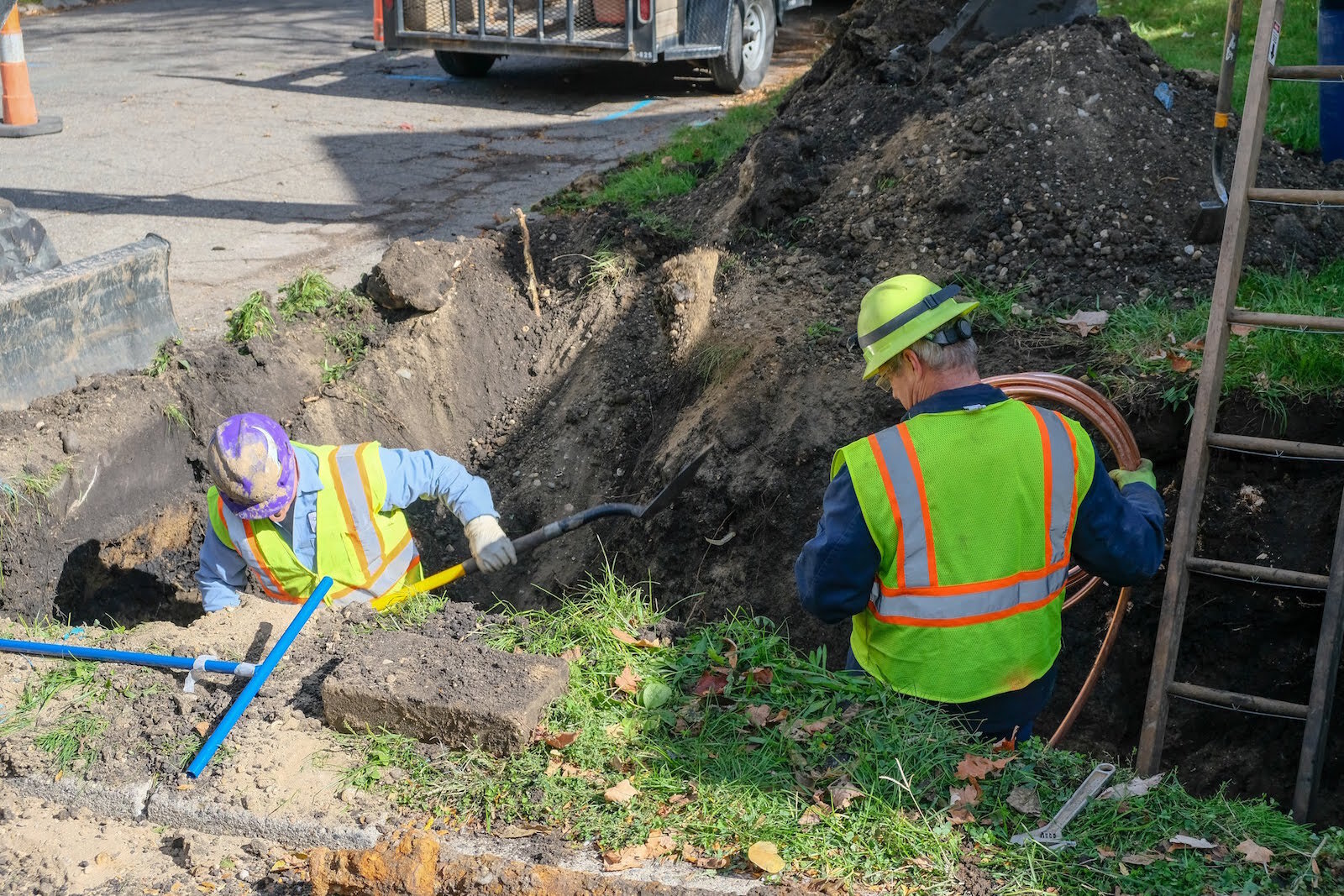 To replace lead water service lines, work crews will dig holes adjacent to houses to replace non-copper lines with copper.