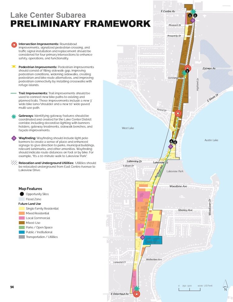 A map shows land-use plans along Portage Road as it passes between Austin and West Lake. City of Portage