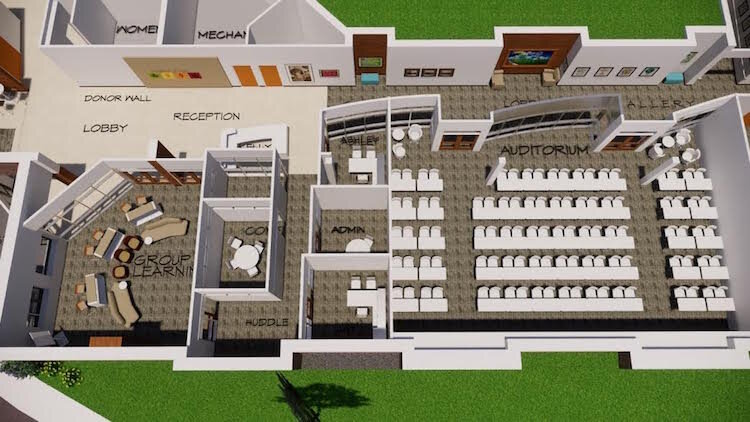 An artist’s rendering shows the floor plan for the proposed Memory Care Learning Center at Heritage Community of Kalamazoo. It includes a conference room, reception area and auditorium.