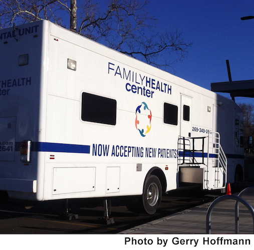 A mobile dental units was stationed outside the FHC building  to provide extra space for dental care throughout the day.
