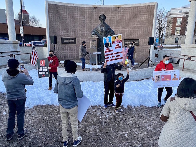 In Battle Creek on Feb. 3 at the Sojourner Truth Monument attended by more than 100 people turned out to support the protests in Myanmar.