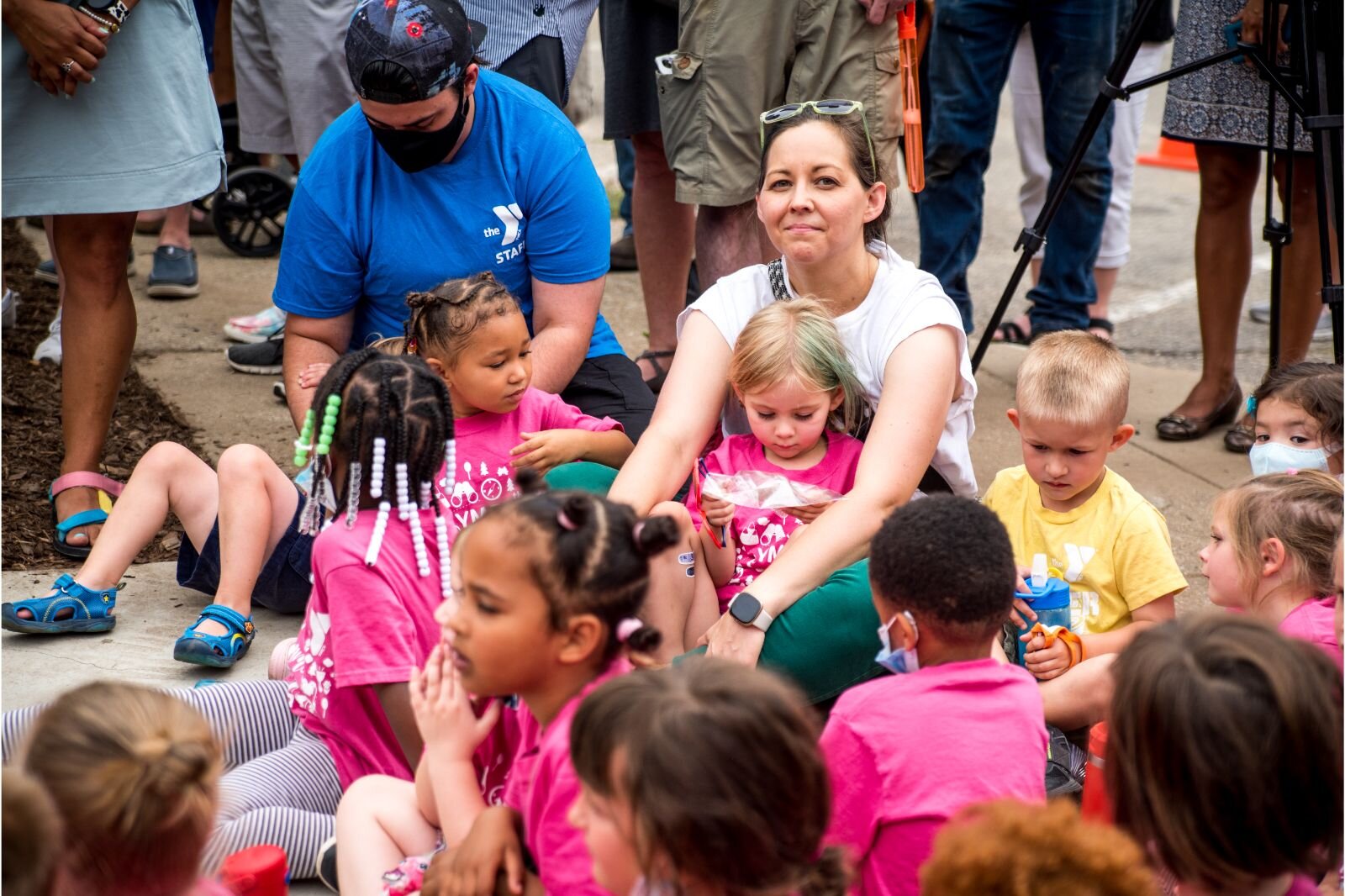 Children waiting for the gates to open at the Children’s Nature Playscape at Bronson Park. 