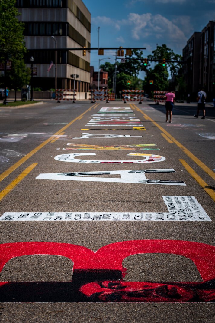 A look up the street at the Black Lives Matter mural on Rose Street, between Lovell and South streets painted on Friday afternoon.