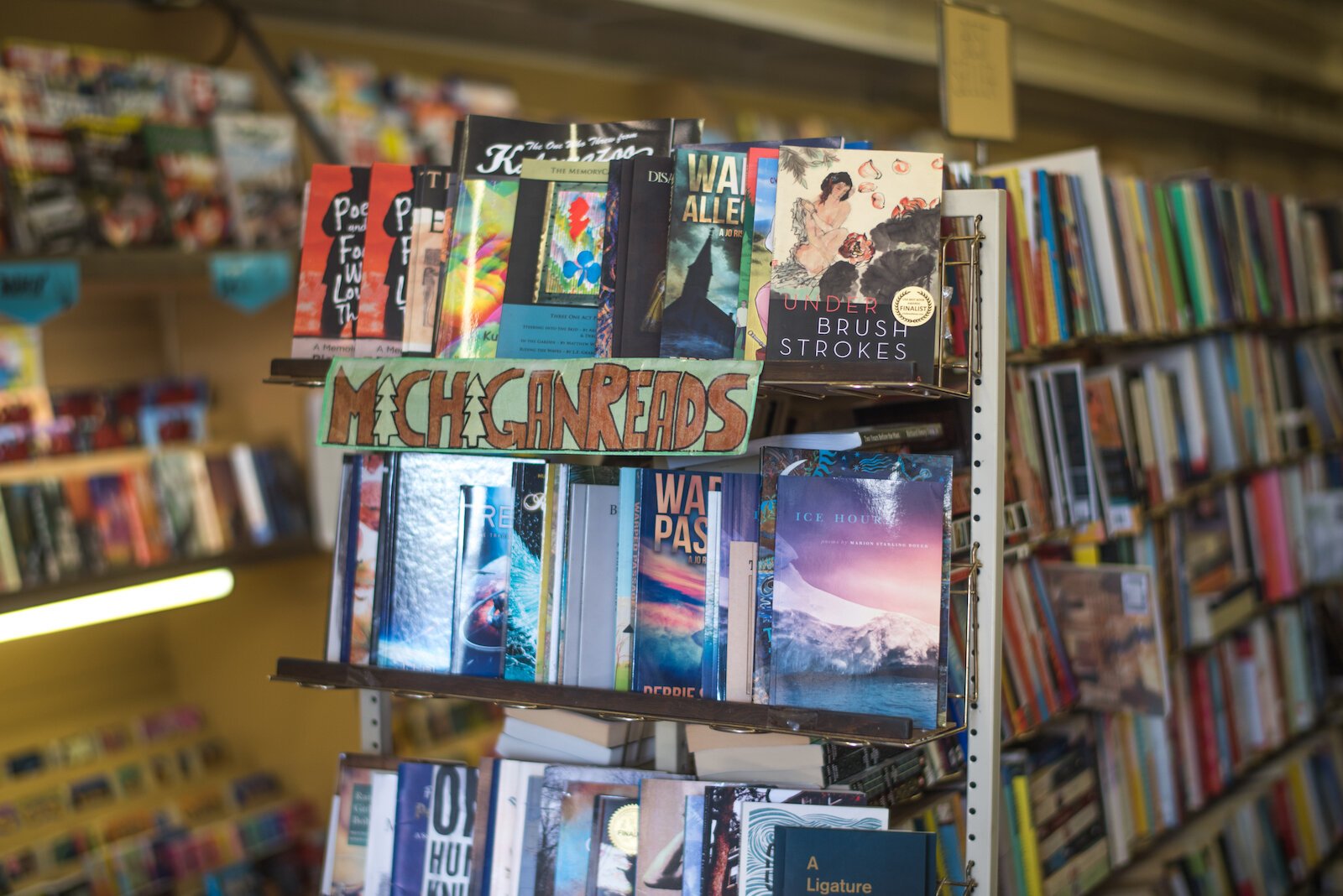 A portion of the books offered for sale at Michigan News. 