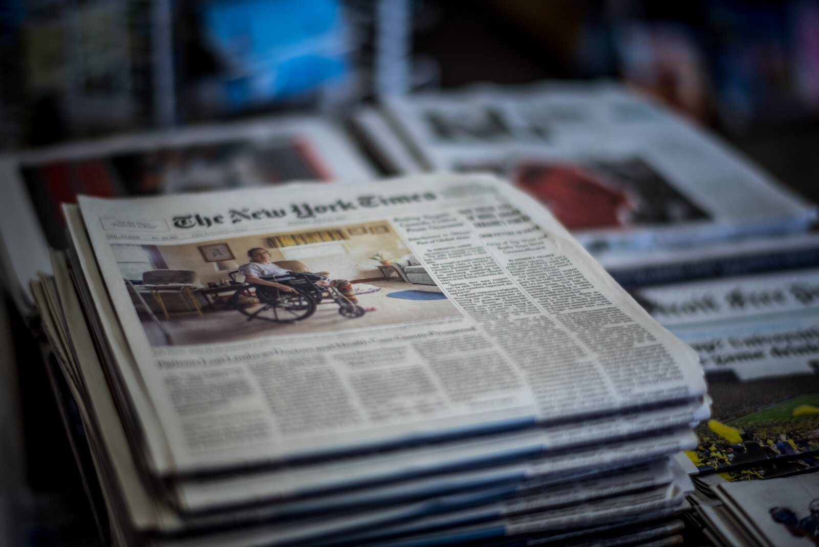 A stack of the New York Times Newspaper for sale at Michigan News.