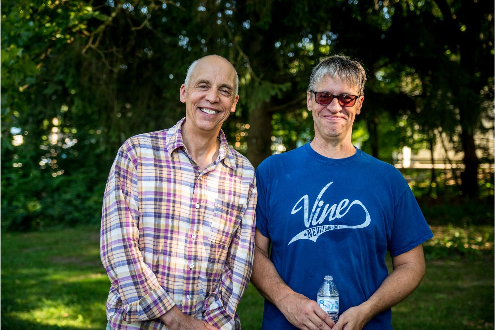 Mayor David Anderson, who stopped in at more than one National Night Out celebration, with Vine Neighborhood Association President Steve Walsh. Photo by Fran Dwight.