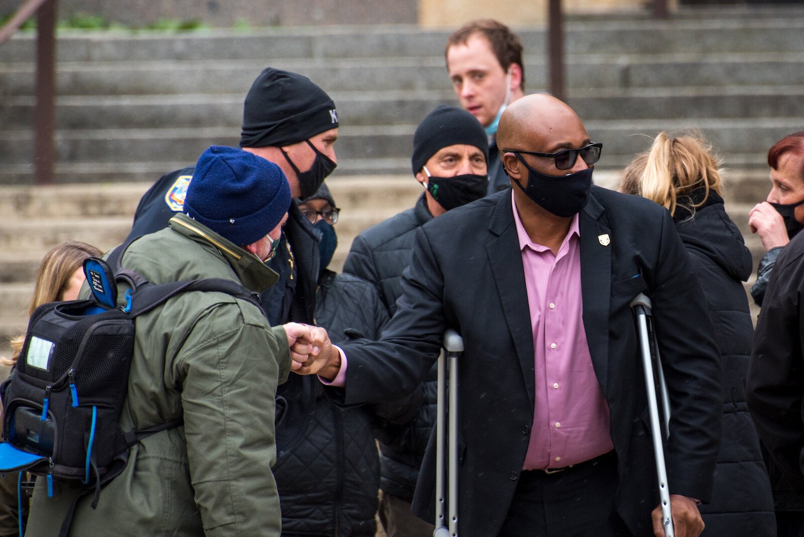 Kalamazoo Public Safety Chief Vernon Coakley talks with people following the verdict in the Derek Chauvin trial.