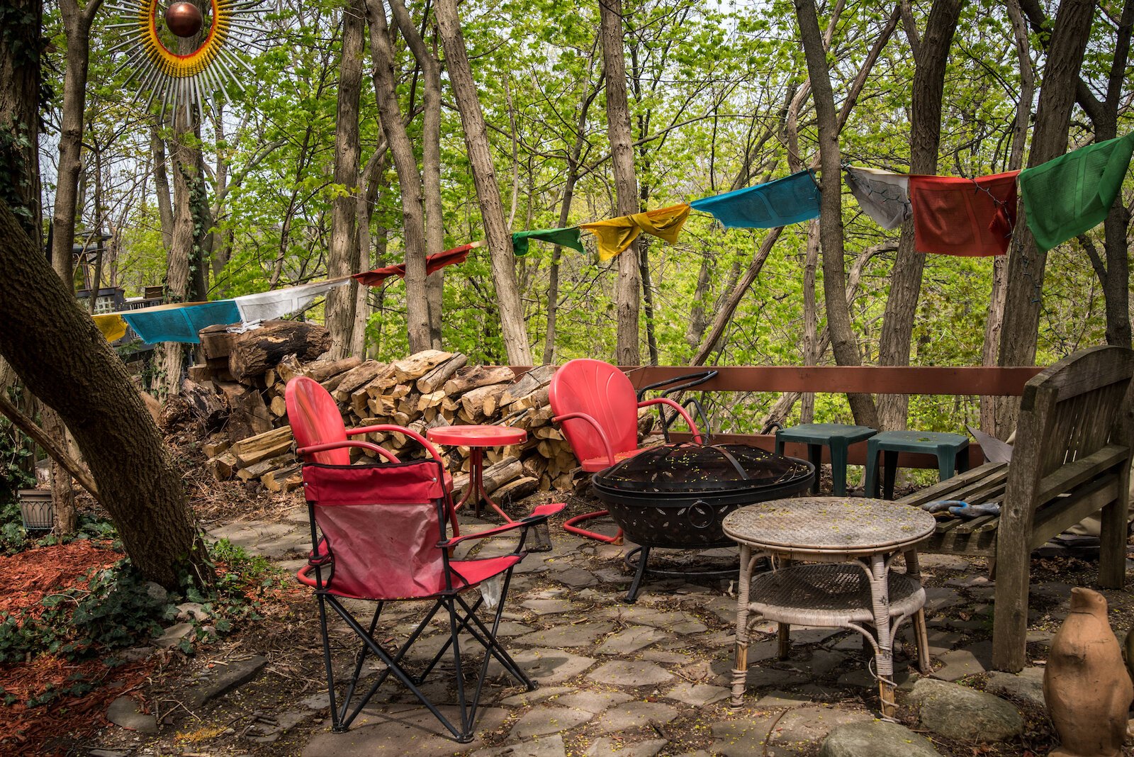 Tibetan prayer flags hang  in the "state park" area of  Prospect Street, north of Main Street.  