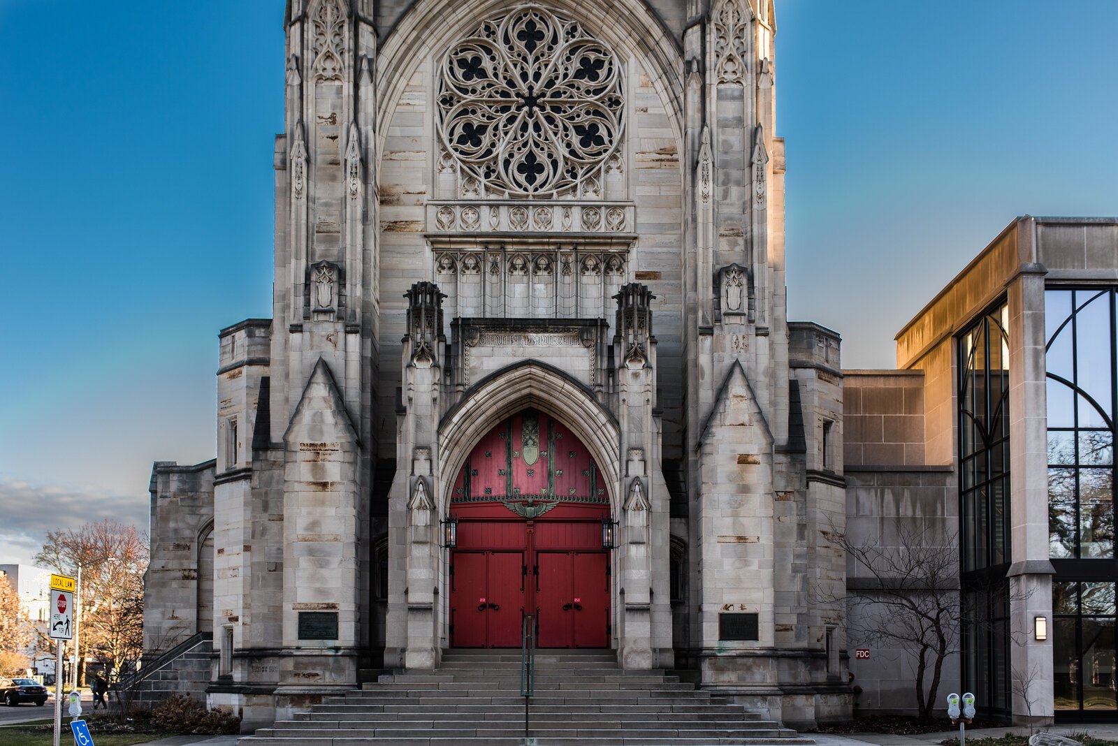 The outside of First Presbyterian, one of the beautiful, old churches that line Bronson Park