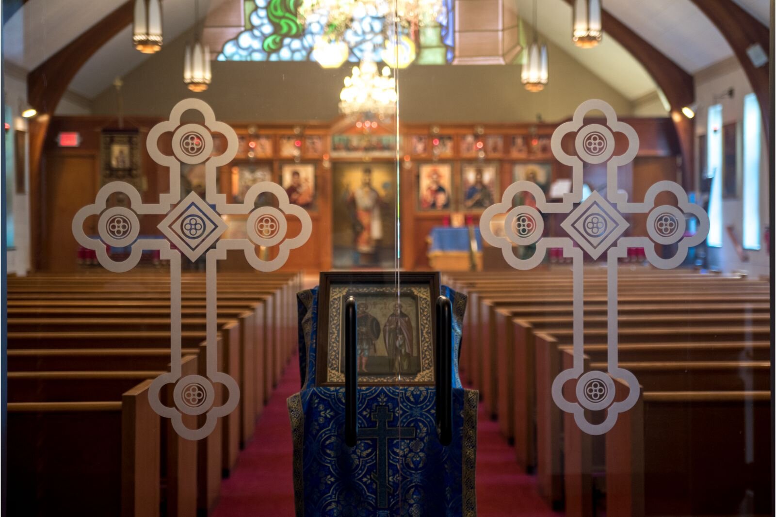 The glass doors leading into the sanctuary of the Annunciation Greek Orthodox Church. 