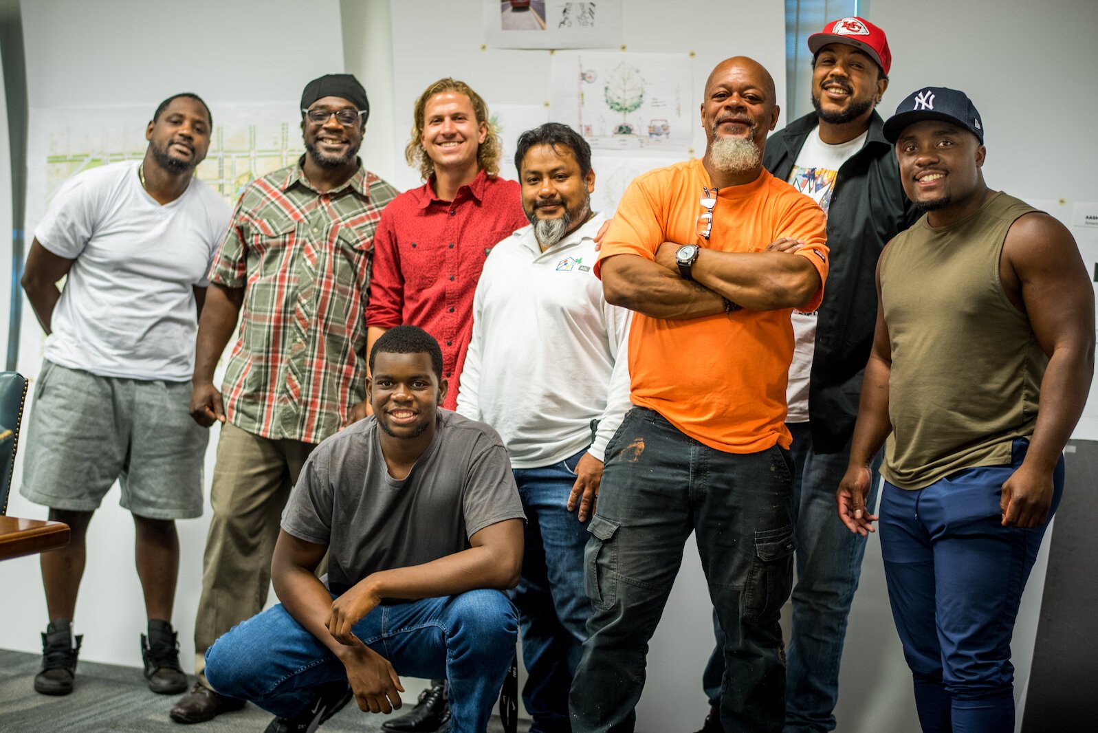 Participants in the program include, from left rear: Thaddeaus Bradley, Cory Yarbrough, facilitator Donovan McVey (of Room 35), Angello Cruz, Anthony Hunter, program facilitator Michael Harrison, and Jamauri Bogan. In front, is Jaleen Johnson.