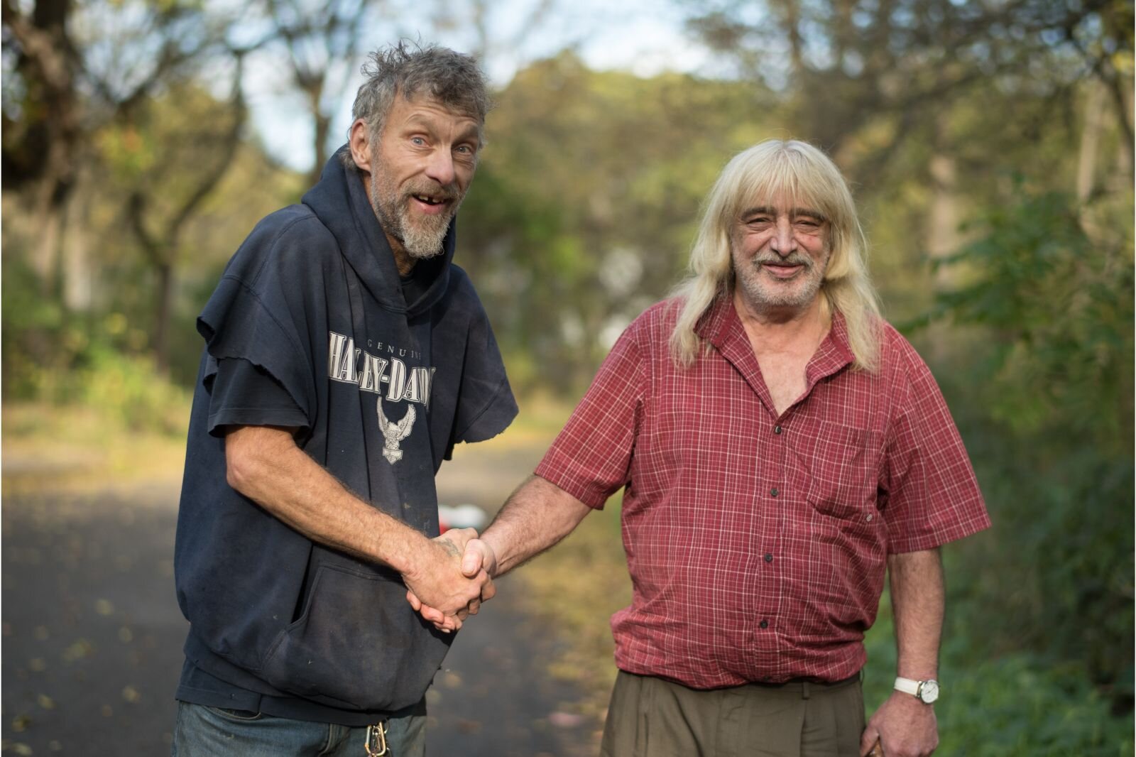 Skinner (left) and friend Jim. Skinner use to race BMX bikes as a teen. Now he has a 1996 BMX bike as his main mode of transportation. "I love the bike. I'll ride a bike till the day I perish." 