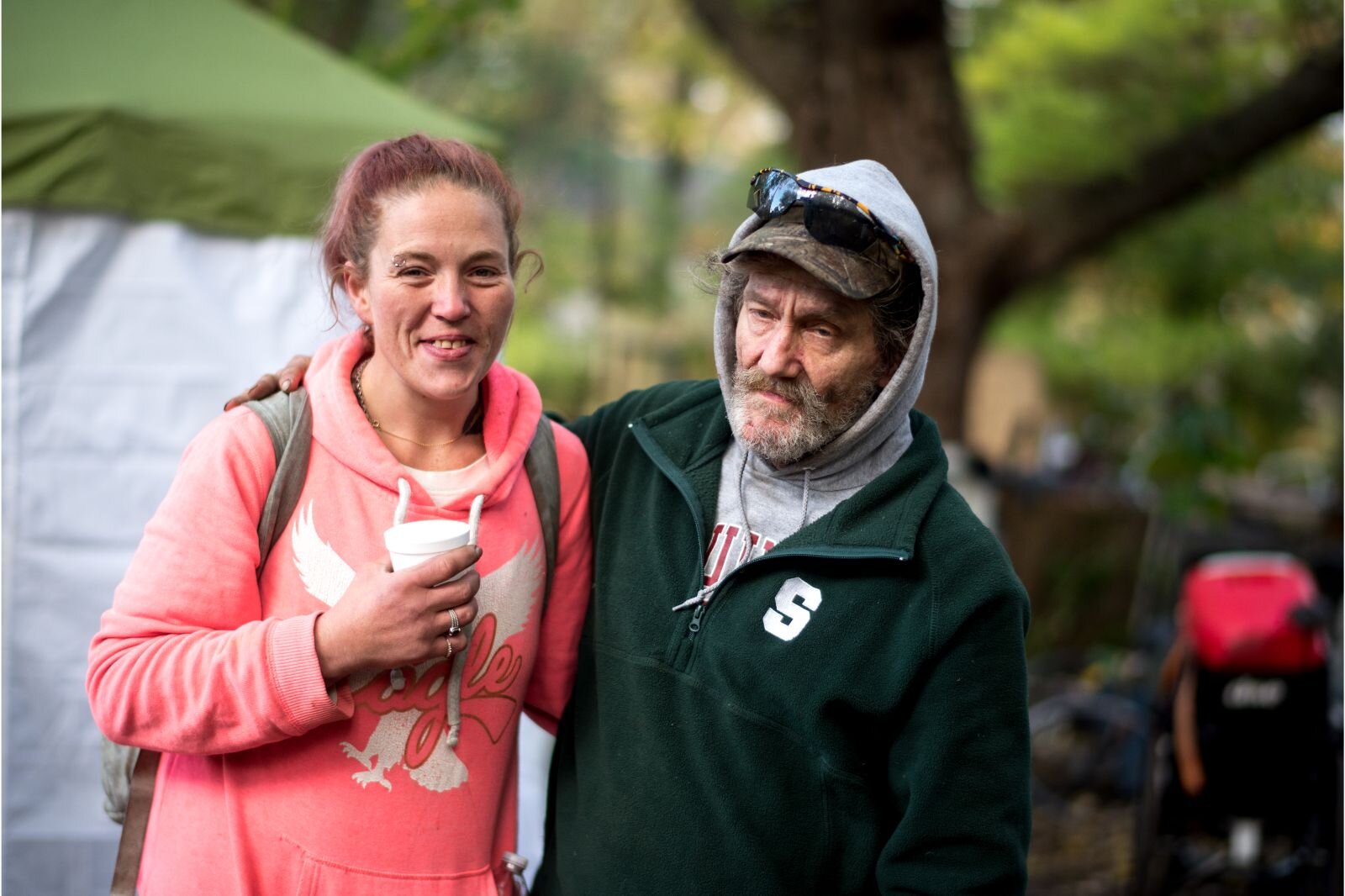 Frenchie with Uncle Darcy. Frenchie bikes to Ministry with Community's drop-in day shelter, rides around Kalamazoo to "get to appointments, haul my things, go do laundry, stuff like that. Makes it a whole lot easier."