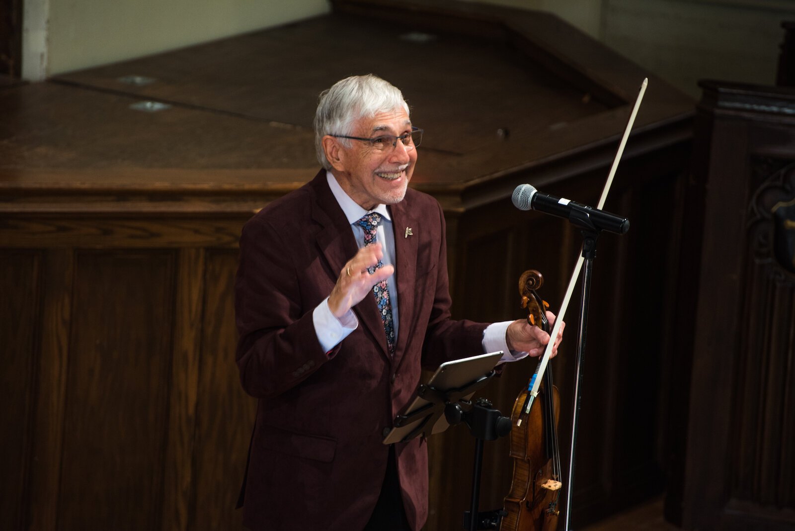 Dr. Barry Ross, concertmaster emeritus of the Kalamazoo Symphony Orchestra, performed at KNAC's fund drive announcement.