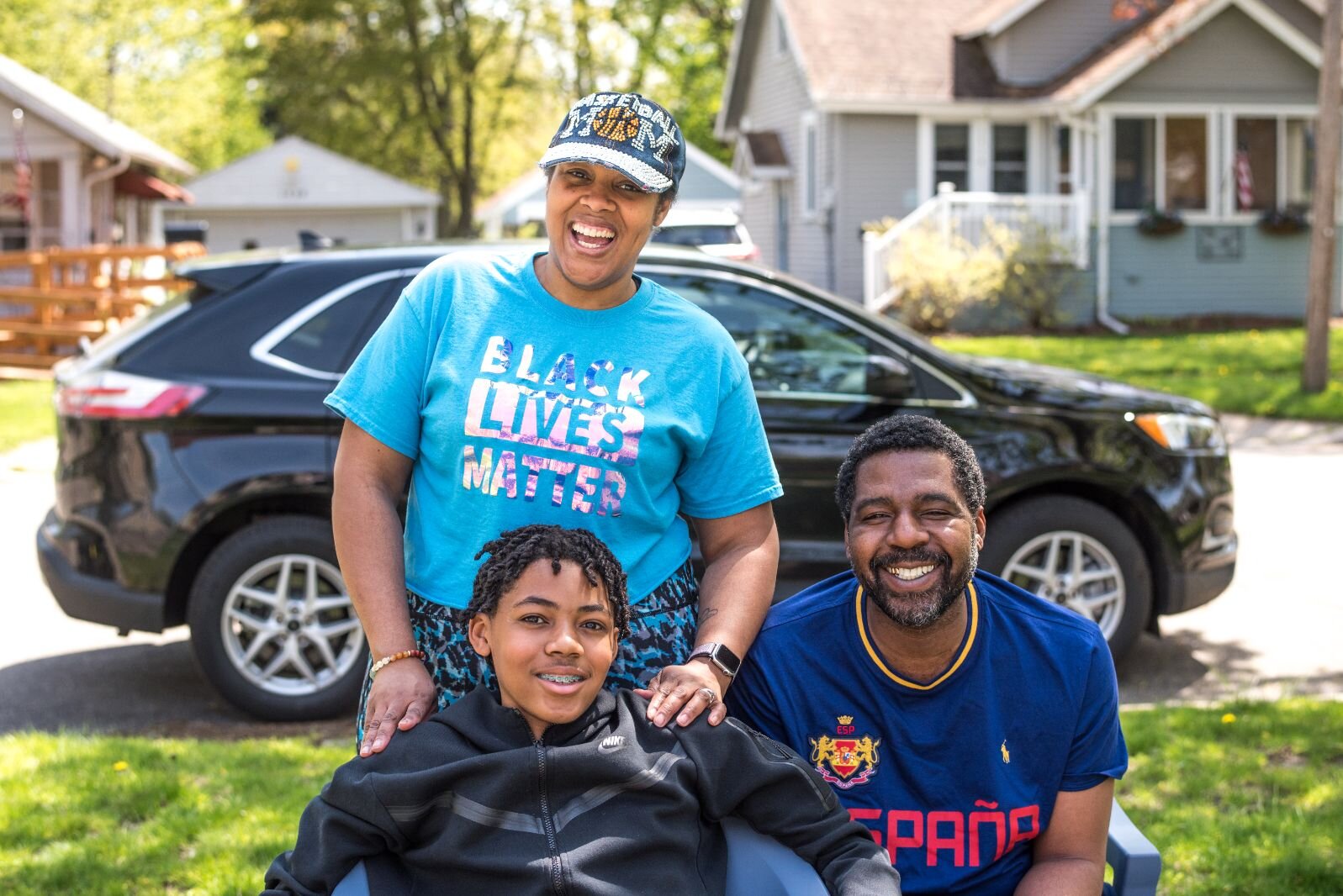 The Hemphill family, Ebony, Dontray, and DJ (seated), were inspired to advocate for juvenile justice reform when their son, then 9, was wrongly accused of starting a fight.