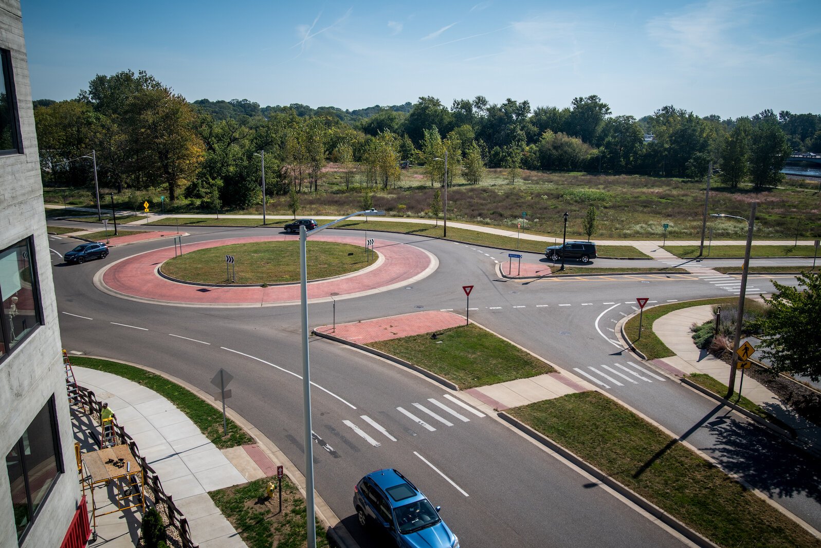 The traffic roundabout connecting East Ransom and North Harrison streets can be seen from an apartment, looking east and north.