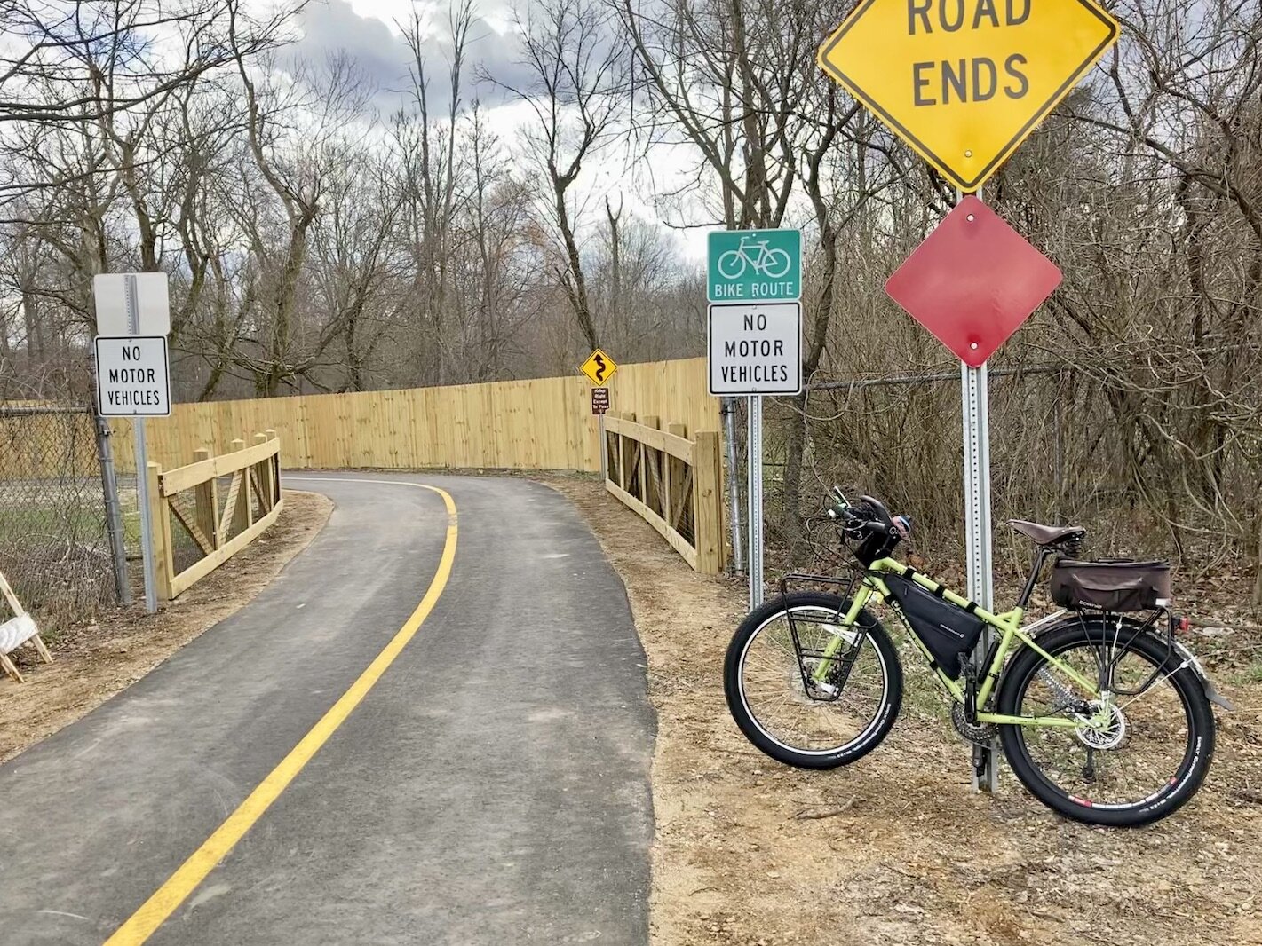 Transportation plans take bikes into account, too. Early spring 2021, Mark Wedel’s bike at the newly-completed section of the KRVT going through Galesburg.