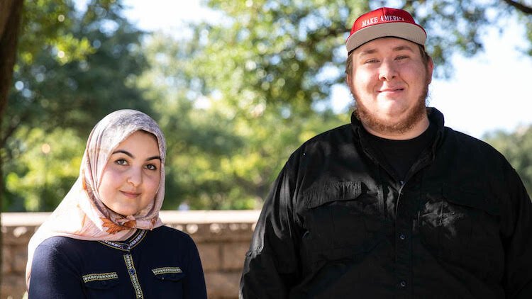 Amina Amdeen and Joseph Weidknecht pose near the Texas State Capitol building, where the two initially met when an anti-Trump protest turned violent. Their StoryCorps conversation helped inspire One Small Step.