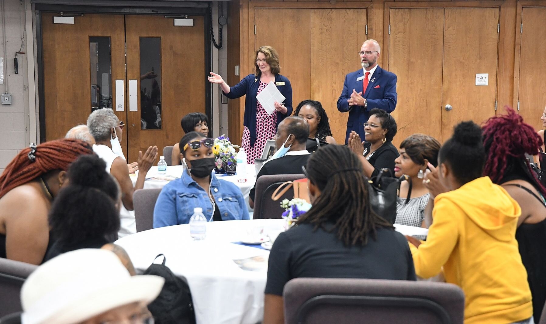 Helen Guzzo, Manager, Calhoun County Senior Services, and Gary Tompkins, Calhoun County Board member, made short remarks at Friday’s centenarians event at Marshall United Methodist Church.