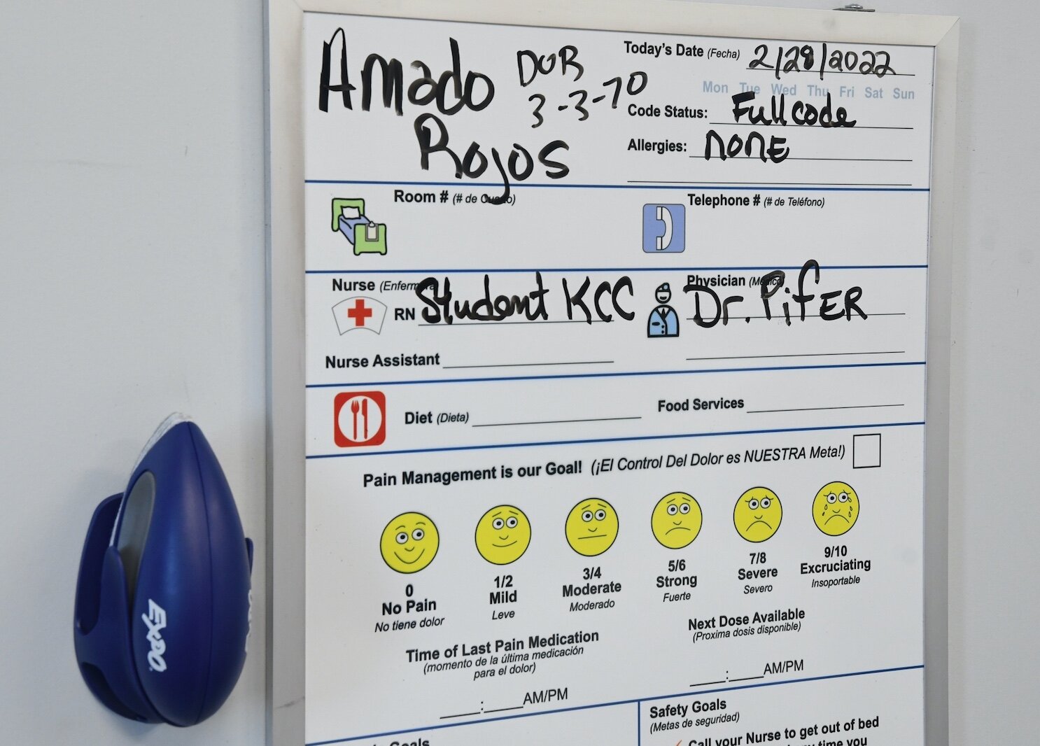 Identification signage for a patient in KCC’s sim lab.