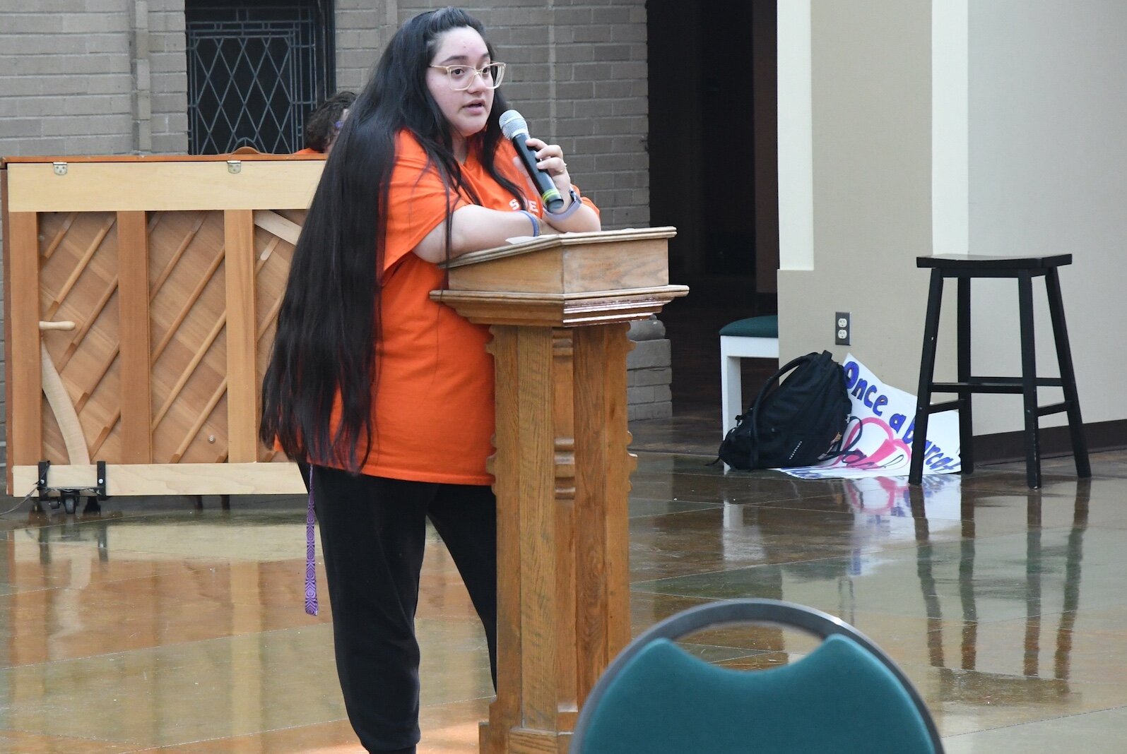 Jessica Perez-Patino, a classmate of Jack Snyder’s, speaks during an anti-gun violence rally at First Congregational church in downtown Battle Creek.