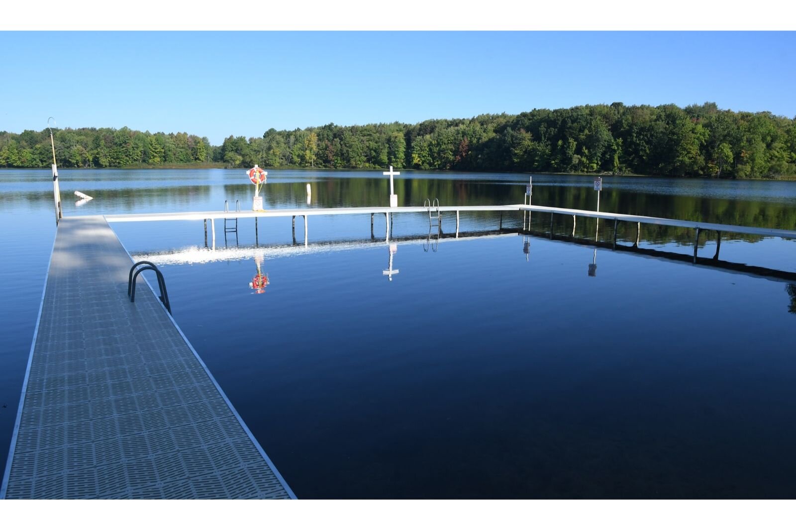 A view of Clear Lake includes the docks at the Battle Creek Outdoor Education Center.