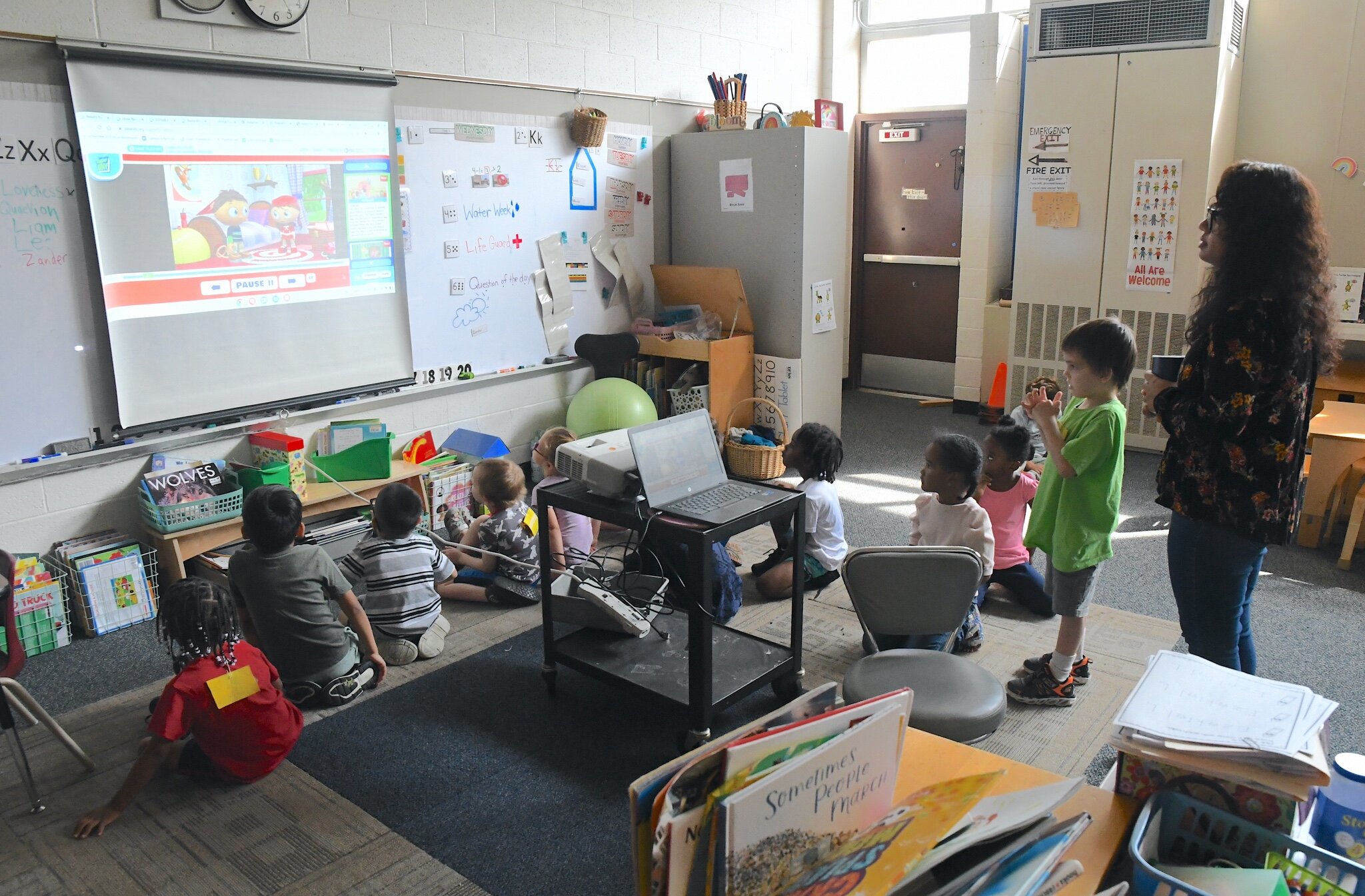 Students watch a video during a morning session at Franklin-Post Elementary School.