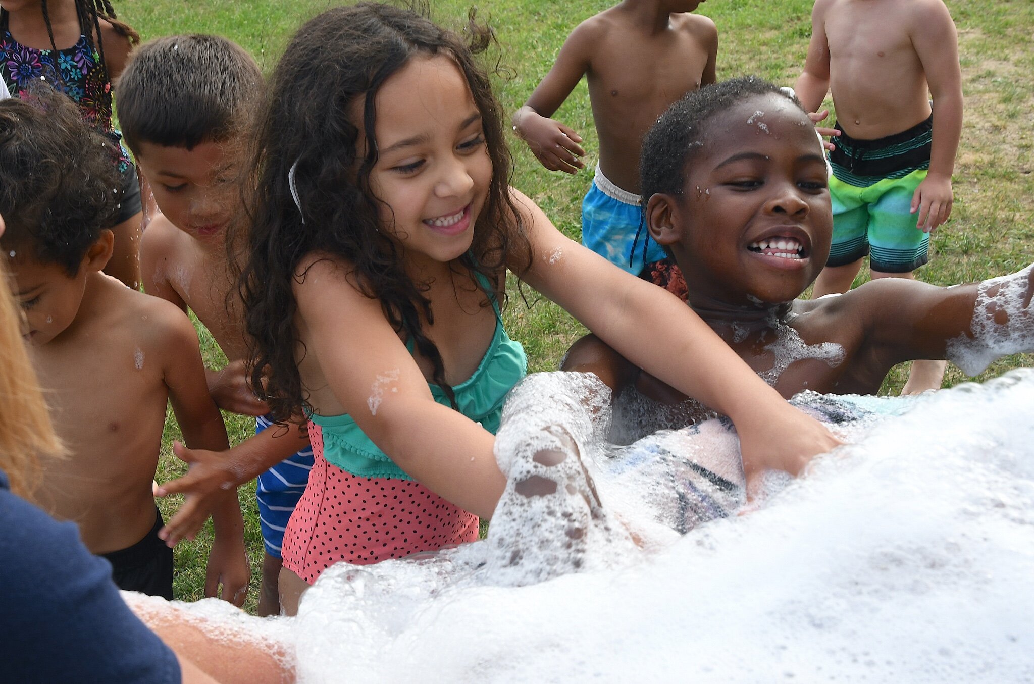 Having fun with bubbles are, from left, Jazzlyn Cuero and Ja'shar Coats, during a morning session at Franklin-Post Elementary School.