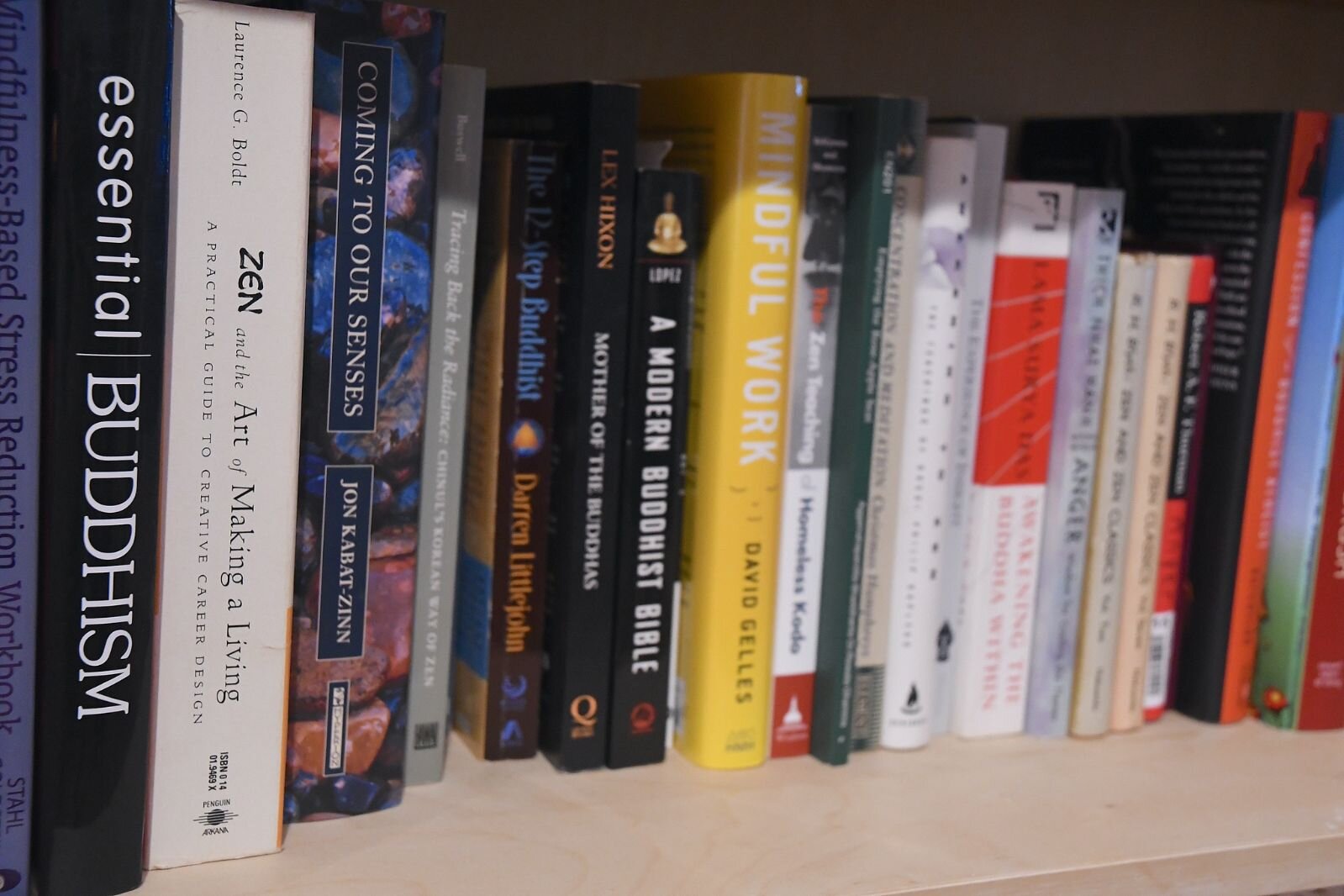 Some of the books on Buddhism are in a book case at the Sokukoji Buddhist Temple Monastery’s Karma House in Battle Creek.