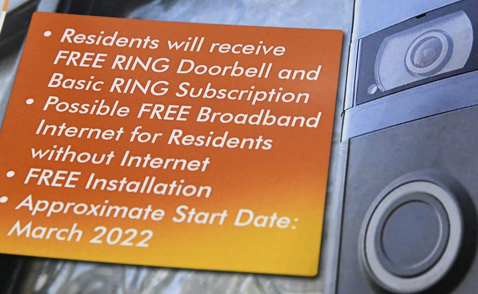 The back cover of the brochure describing the Rise smart doorbell and community safety.