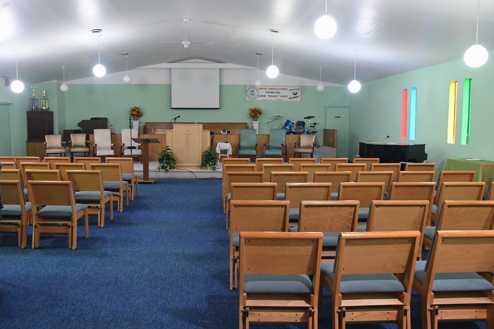 A view inside the sanctuary of the Faith Temple Church of God in Christ.