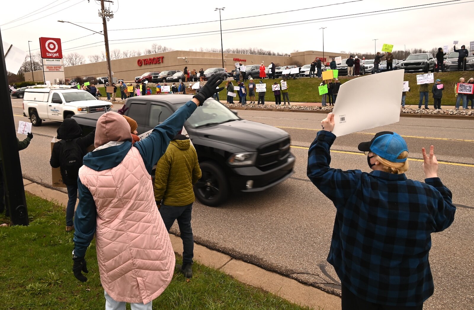 People lined both sides Beckley Road between Riverside and M-66 during the April 5 Hands Off demonstration in Battle Creek.