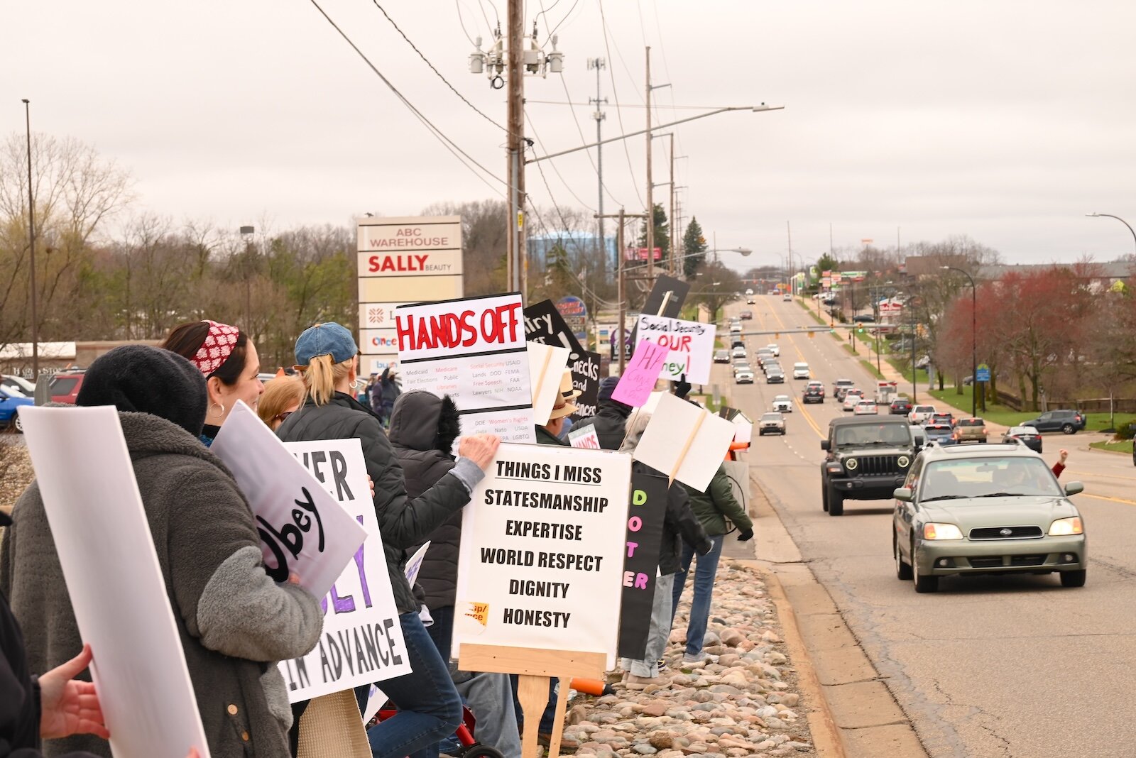 People lined both sides Beckley Road between Riverside and M-66 during the April 5 Hands Off demonstration in Battle Creek.