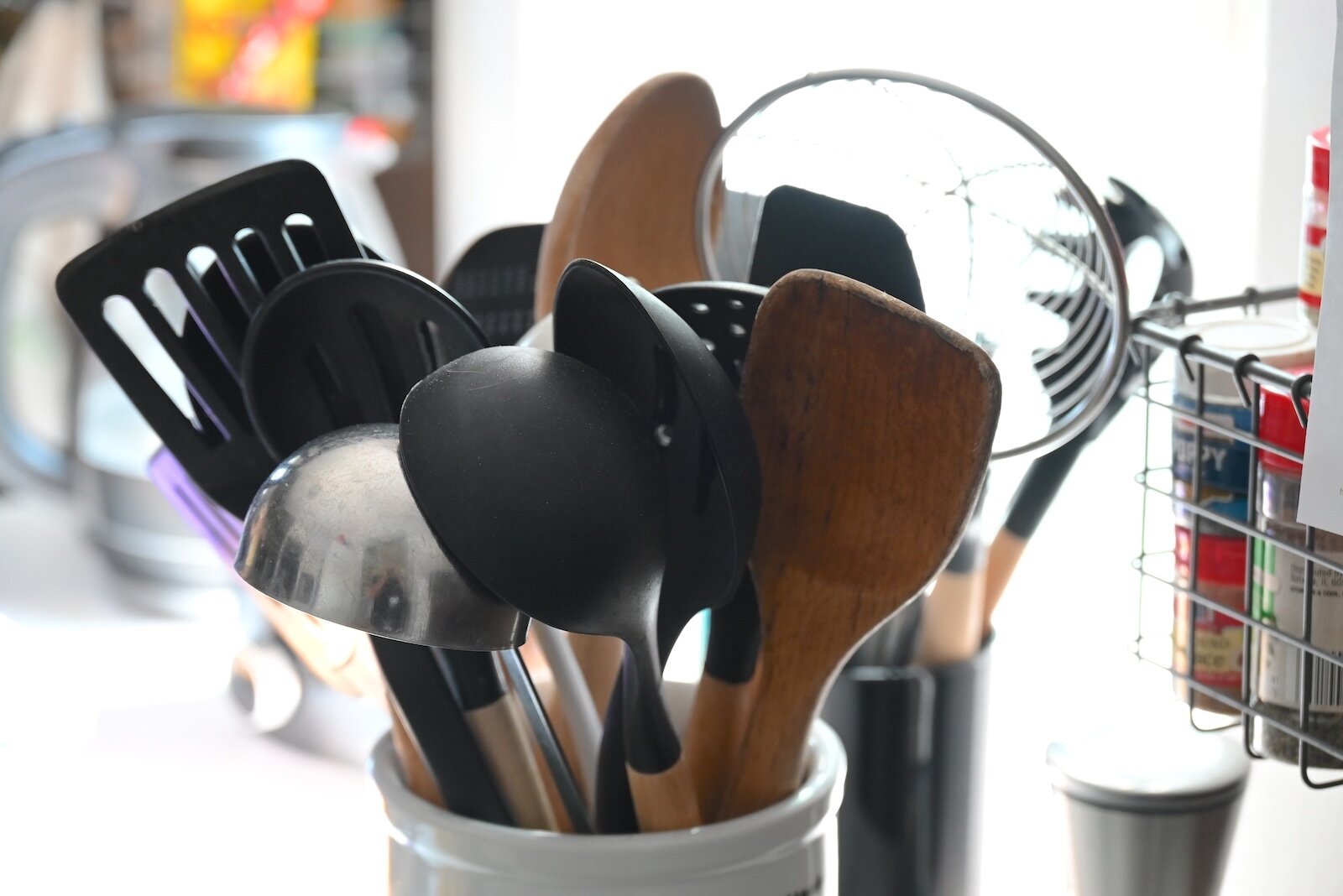 Cooking utensils are found on the counters and along a wall in Stacey Kornegay’s kitchen.