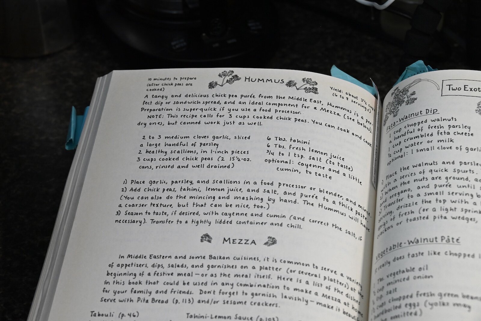 The recipe Stacey is using for making hummus comes from The New Moosewood Cookbook.
