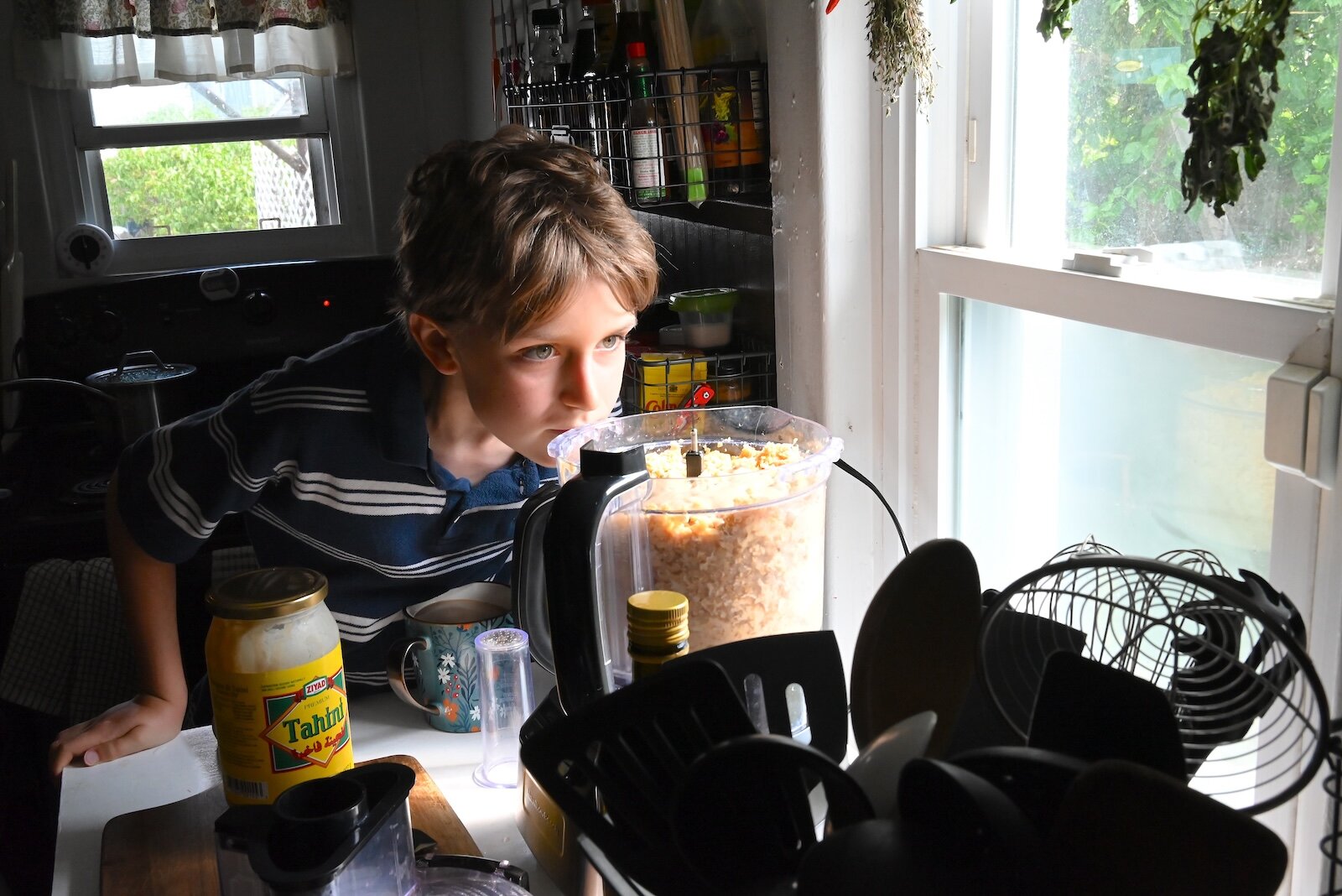  Liam Kornegay takes a whiﬀ of the hummus his mother is making.