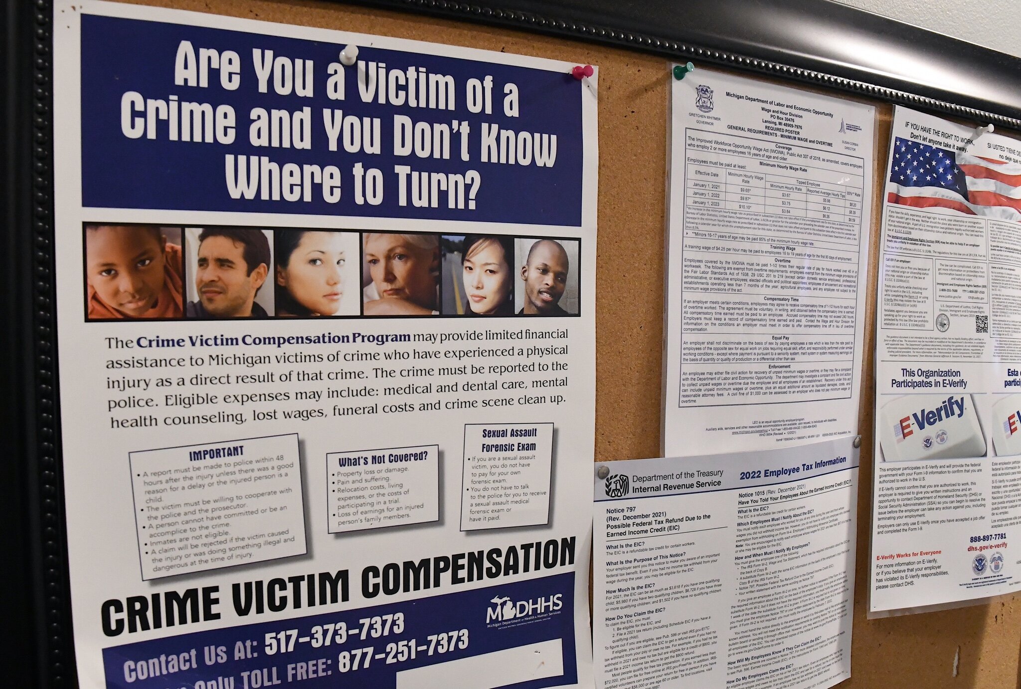Some of the notices that are on the bulletin board at SAFE Place. 