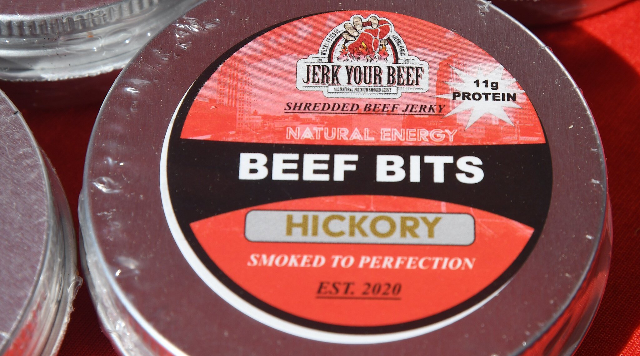 Here are some of the products made by Jerk Your Beef Jerky and sold at area farmers’ markets like this one in Richland.